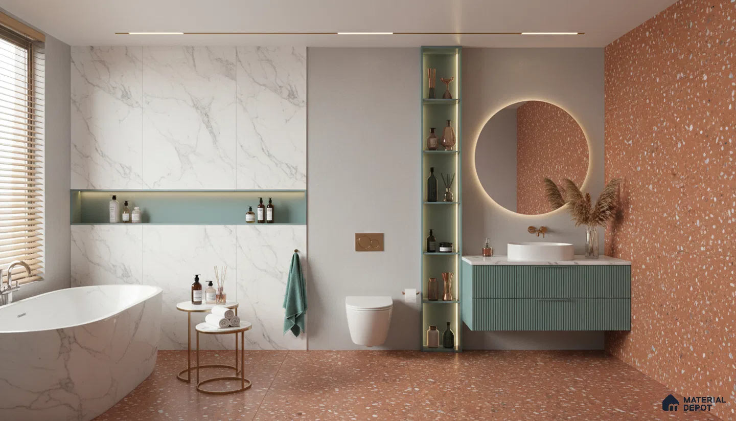 Modern bathroom design with terracotta terrazzo tiles, white marble wall panels, and sage green fluted vanity in Bengaluru | Material Depot
