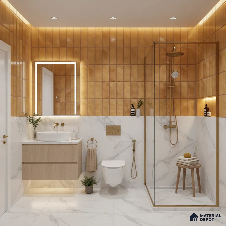 Modern bathroom with terracotta vertical kitkat wall tiles and white marble-look floor and wall tiles | Material Depot