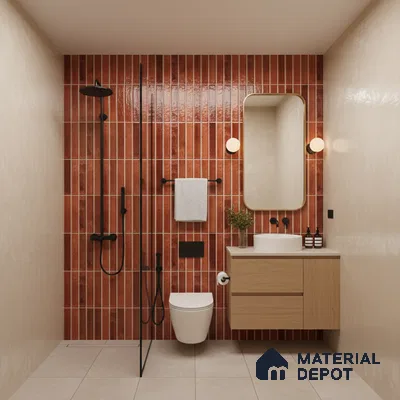 Modern bathroom with terracotta vertical kitkat wall tiles, beige floor tiles, and light oak floating vanity | Material Depot