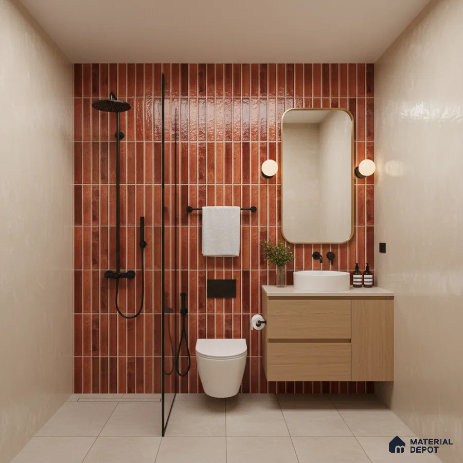Modern bathroom with terracotta vertical kitkat wall tiles, beige floor tiles, and light oak floating vanity | Material Depot