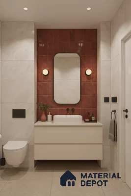 Modern bathroom with terracotta vertical subway wall tiles and beige marble-look floor tiles | Material Depot