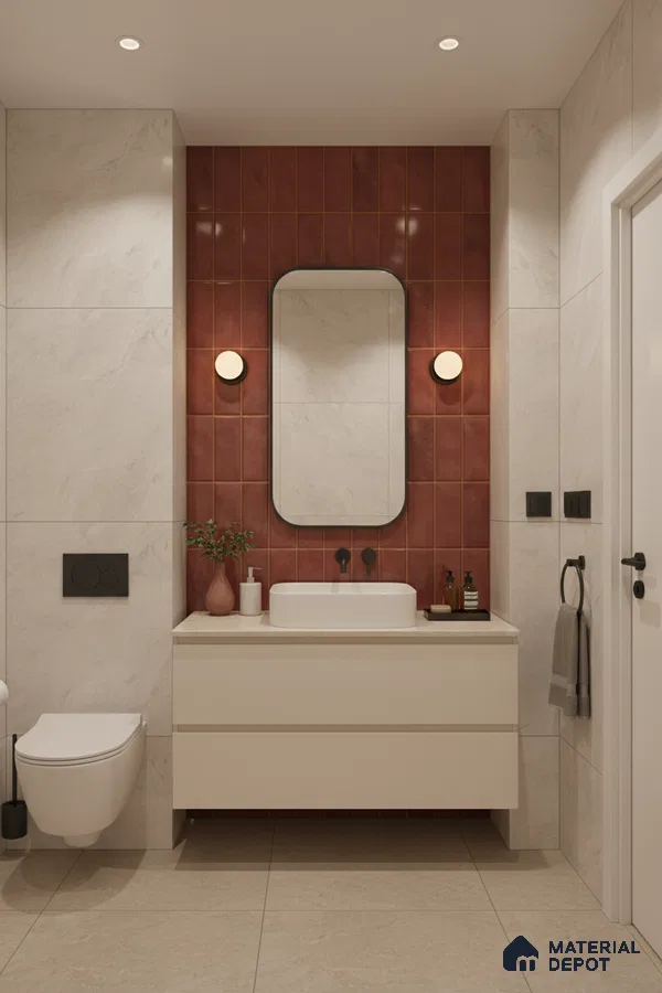 Modern bathroom with terracotta vertical subway wall tiles and beige marble-look floor tiles | Material Depot