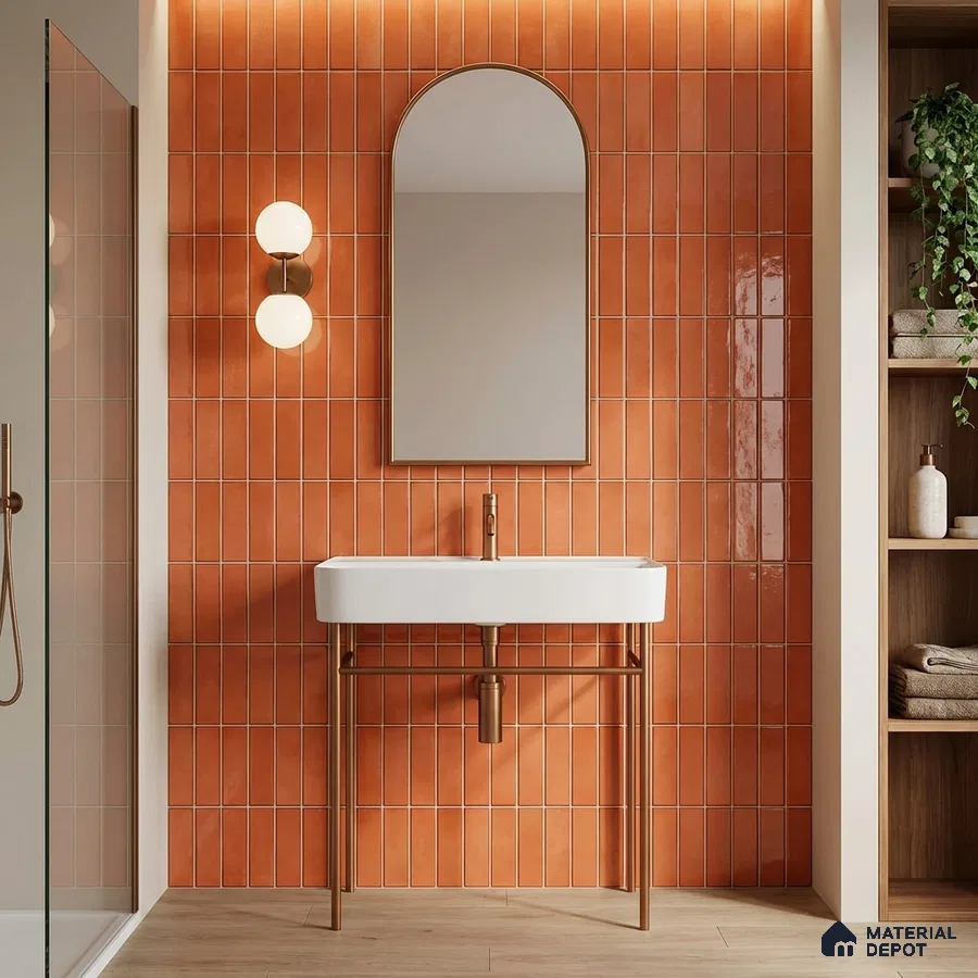 Modern bathroom with terracotta vertical subway wall tiles and light wood floor tile