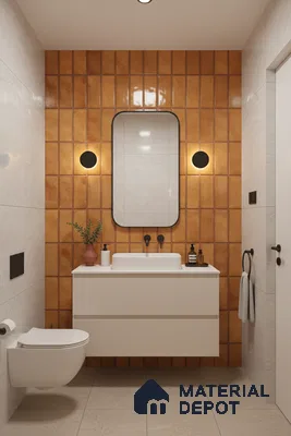 Modern bathroom with terracotta vertical subway wall tiles and matte beige floor tiles | Material Depot