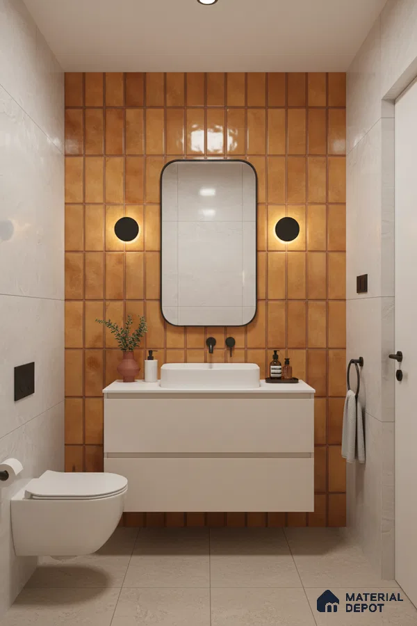 Modern bathroom with terracotta vertical subway wall tiles and matte beige floor tiles | Material Depot