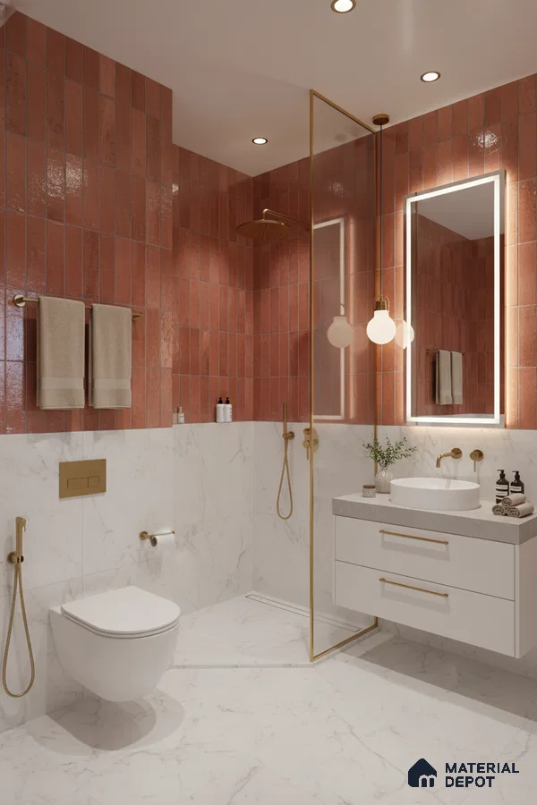 Modern bathroom with terracotta vertical subway wall tiles and white marble-look floor and wall tiles | Material Depot