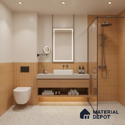 Modern bathroom with terracotta vertical subway wall tiles, terrazzo floor tiles, and floating wood vanity | Material Depot