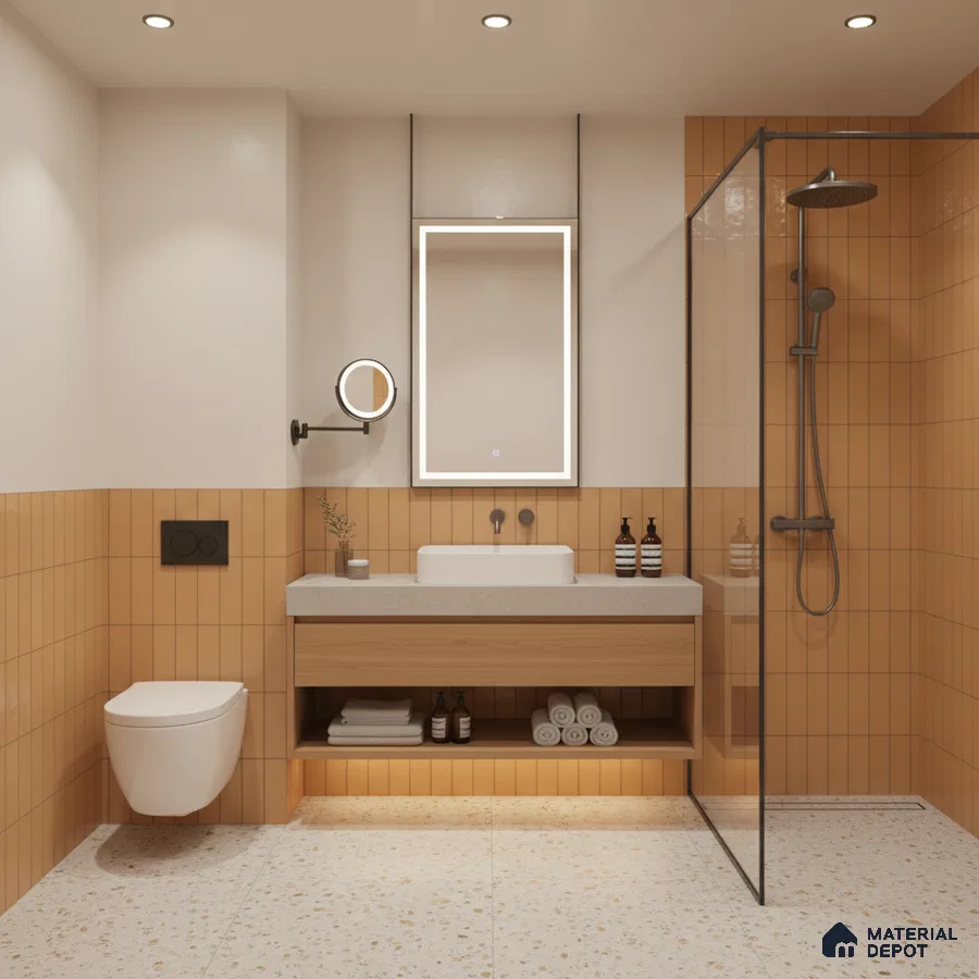 Modern bathroom with terracotta vertical subway wall tiles, terrazzo floor tiles, and floating wood vanity | Material Depot