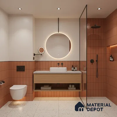 Modern bathroom with terracotta vertical subway wall tiles, terrazzo floor tiles, and floating wood vanity | Material Depot