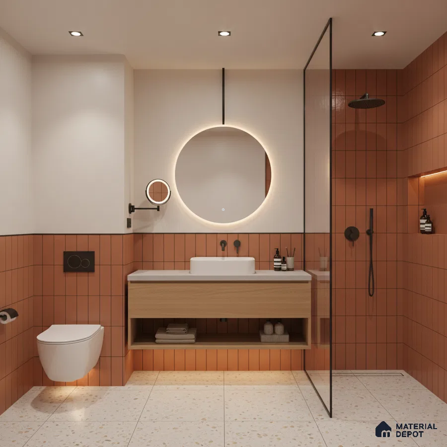 Modern bathroom with terracotta vertical subway wall tiles, terrazzo floor tiles, and floating wood vanity | Material Depot