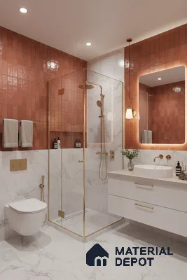 Modern bathroom with terracotta vertical wall tiles and white marble-look floor and wall tiles | Material Depot