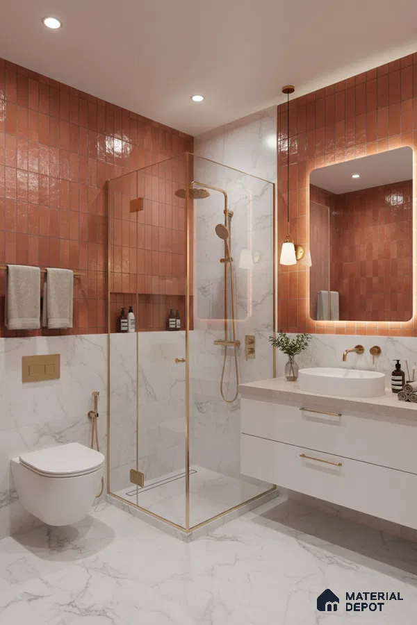 Modern bathroom with terracotta vertical wall tiles and white marble-look floor and wall tiles | Material Depot