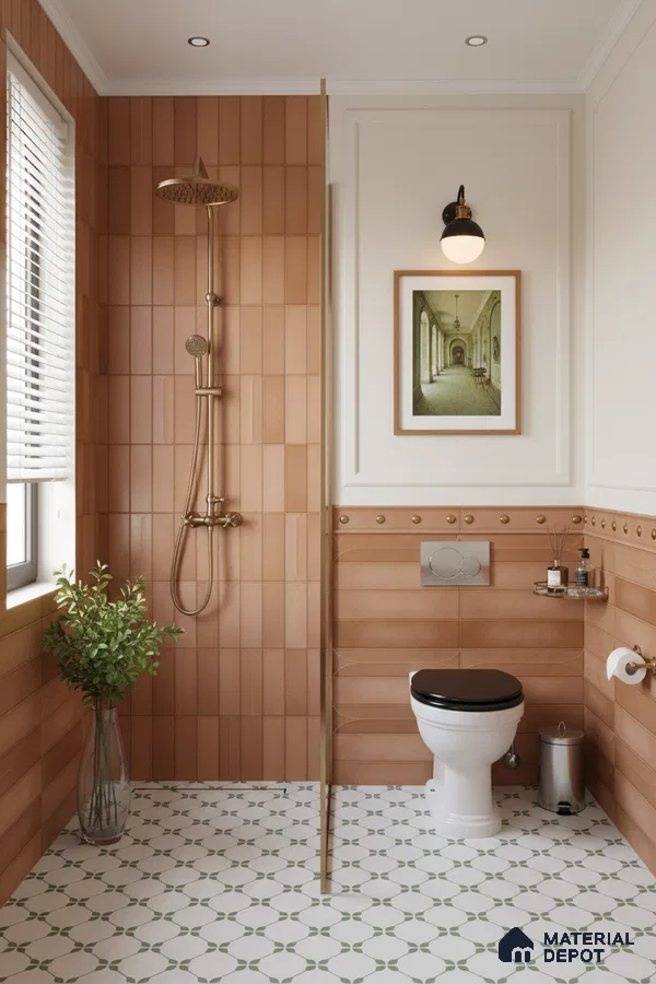 Modern bathroom with terracotta vertical wall tiles and white patterned floor tiles | Material Depot