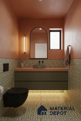Modern bathroom with terracotta wall paint, olive green vanity, and geometric patterned wall and floor tiles in Bengaluru | Material Depot
