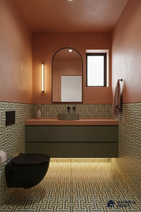 Modern bathroom with terracotta wall paint, olive green vanity, and geometric patterned wall and floor tiles in Bengaluru | Material Depot