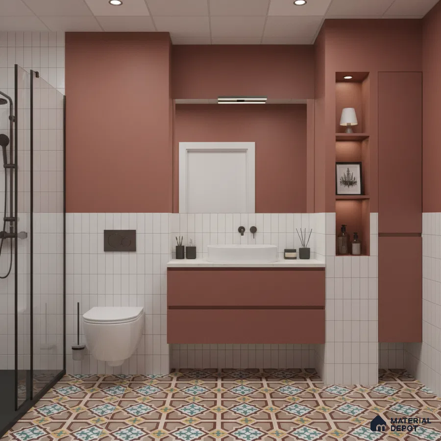 Modern bathroom with terracotta wall paint, white vertical subway wall tiles, and patterned moroccan floor tiles | Material Depot
