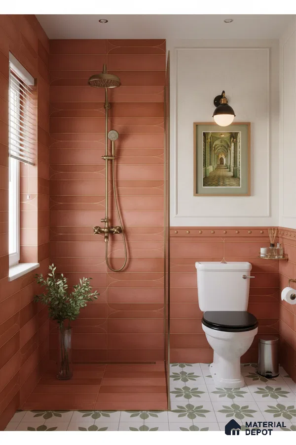 Modern bathroom with terracotta wall tiles and green floral patterned floor tiles | Material Depot