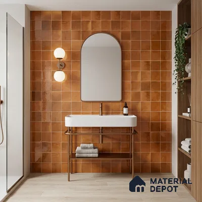 Modern bathroom with terracotta wall tiles and light wood floor tile