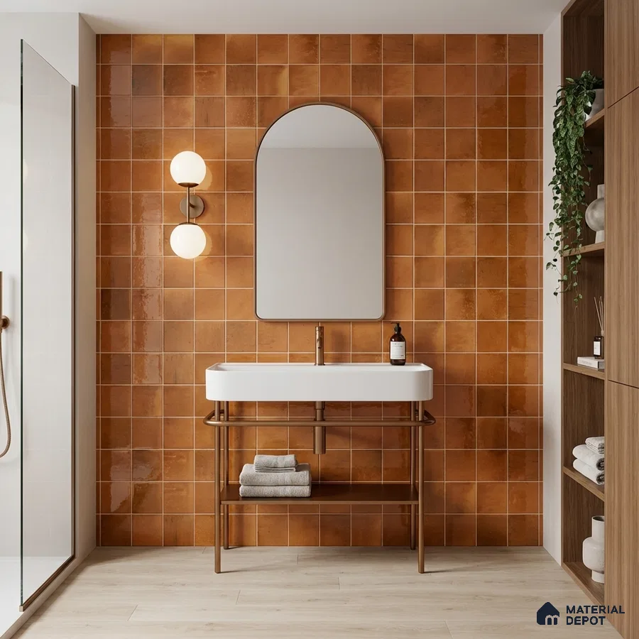 Modern bathroom with terracotta wall tiles and light wood floor tile