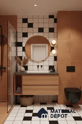 Modern bathroom with terracotta wall tiles, black-and-white checkerboard tiles, and wood vanity in Bengaluru | Material Depot