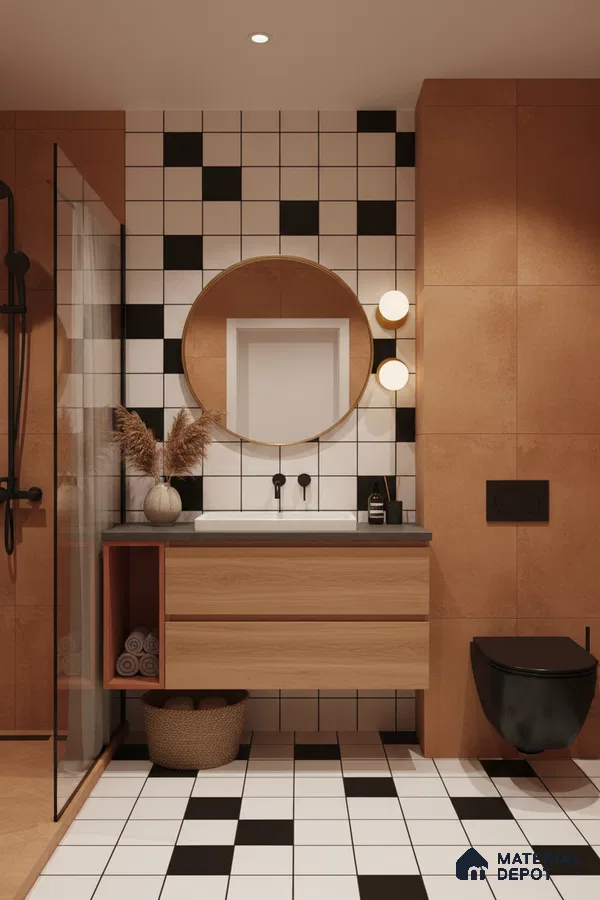 Modern bathroom with terracotta wall tiles, black-and-white checkerboard tiles, and wood vanity in Bengaluru | Material Depot