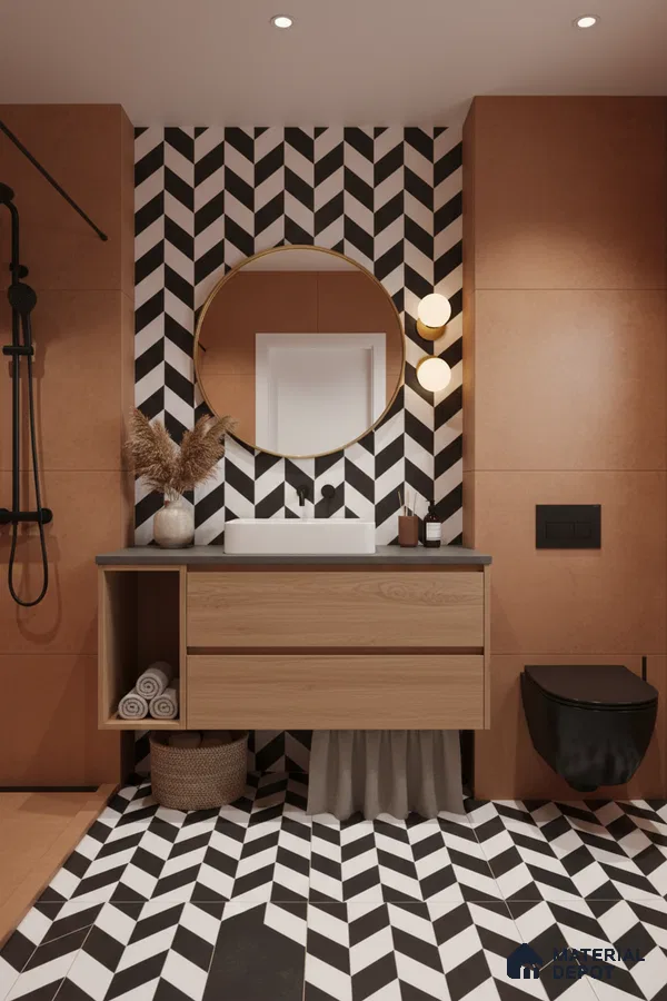 Modern bathroom with terracotta wall tiles, black-and-white chevron geometric tiles, and wood vanity in Bengaluru | Material Depot