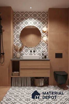 Modern bathroom with terracotta wall tiles, black-and-white floral patterned floor and backsplash tiles, and wood vanity in Bengaluru | Material Depot