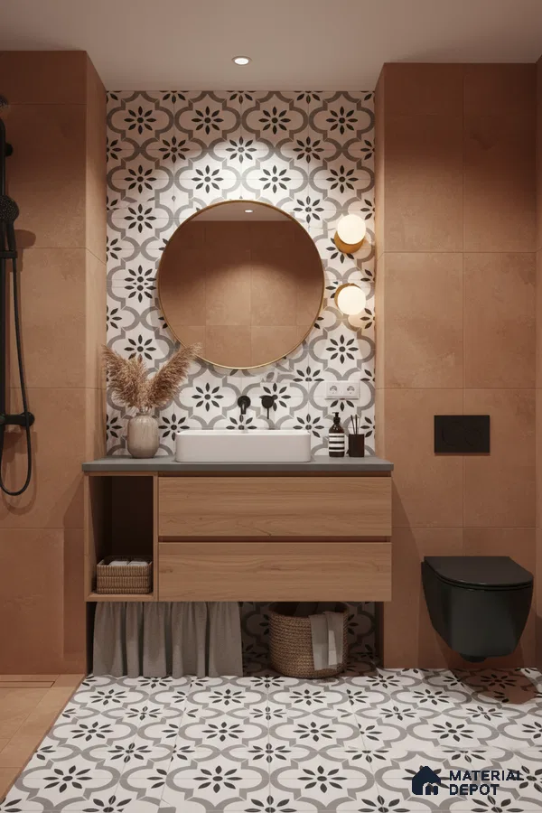 Modern bathroom with terracotta wall tiles, black-and-white floral patterned floor and backsplash tiles, and wood vanity in Bengaluru | Material Depot
