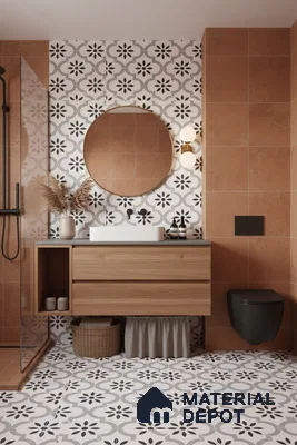 Modern bathroom with terracotta wall tiles, black-and-white floral patterned floor tiles, and oak wood vanity in Bengaluru | Material Depot