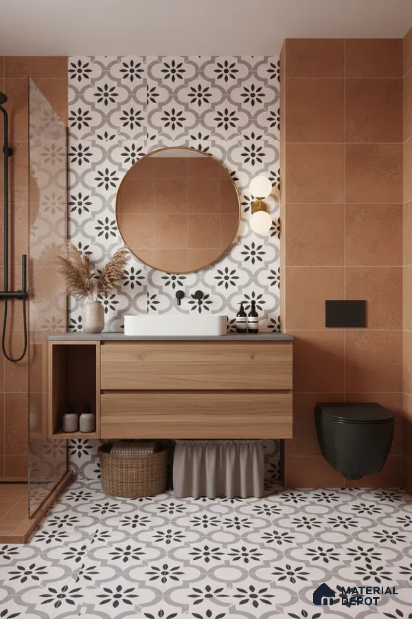 Modern bathroom with terracotta wall tiles, black-and-white floral patterned floor tiles, and oak wood vanity in Bengaluru | Material Depot