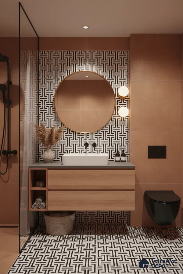 Modern bathroom with terracotta wall tiles, black-and-white geometric floor and wall tiles, and wood vanity in Bengaluru | Material Depot