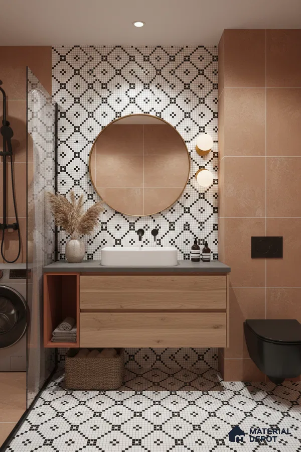 Modern bathroom with terracotta wall tiles, black-and-white geometric mosaic tiles, and wood vanity in Bengaluru | Material Depot