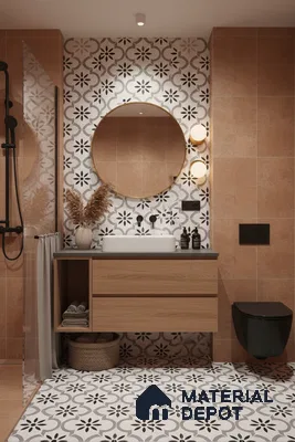 Modern bathroom with terracotta wall tiles, black-and-white geometric patterned floor and wall tiles, and wood vanity in Bengaluru | Material Depot