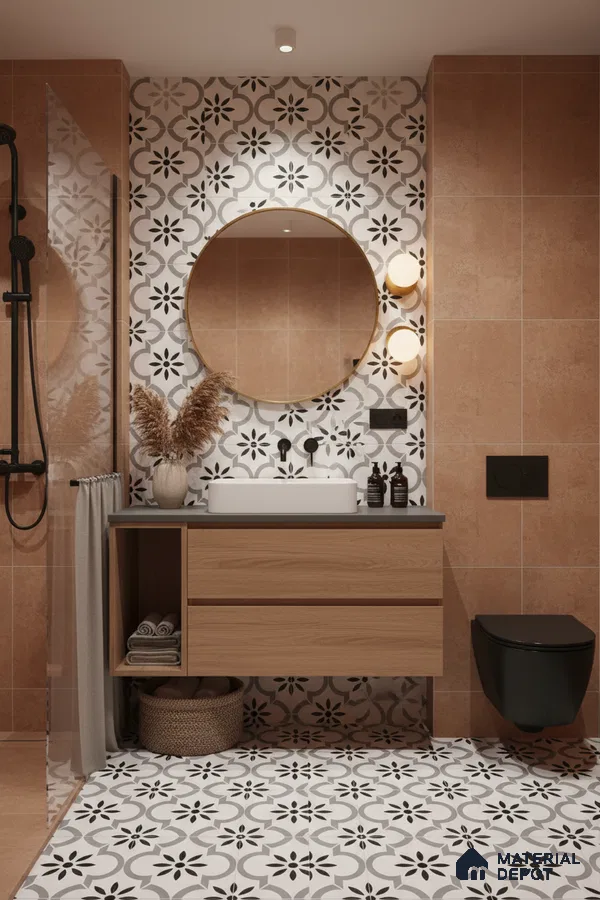 Modern bathroom with terracotta wall tiles, black-and-white geometric patterned floor and wall tiles, and wood vanity in Bengaluru | Material Depot