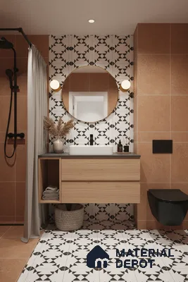 Modern bathroom with terracotta wall tiles, black-and-white geometric patterned floor tiles, and light oak vanity in Bengaluru | Material Depot