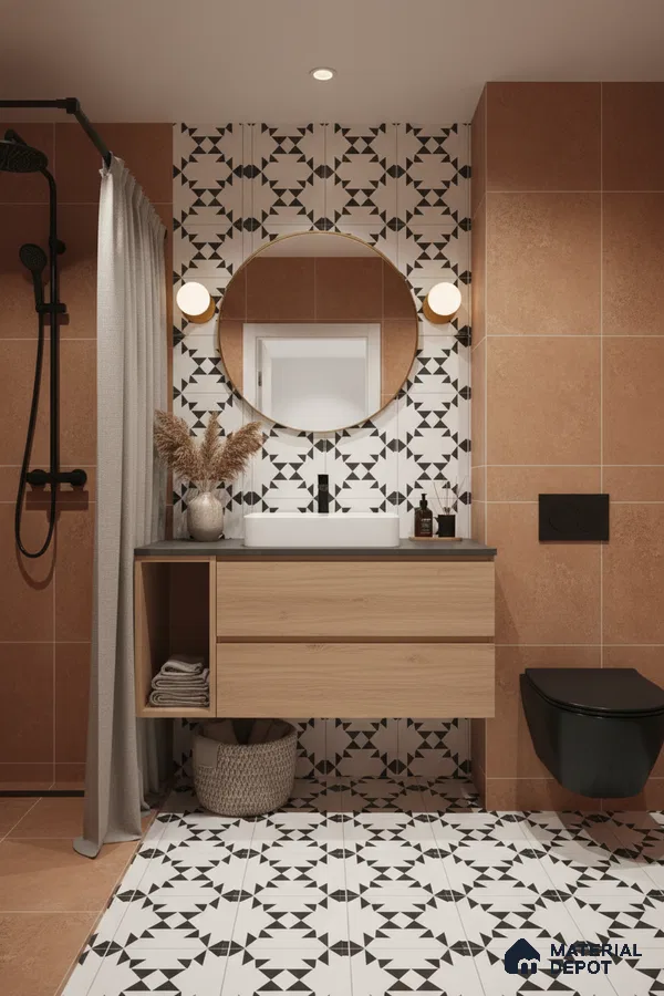 Modern bathroom with terracotta wall tiles, black-and-white geometric patterned floor tiles, and light oak vanity in Bengaluru | Material Depot