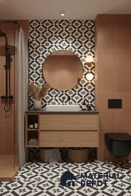 Modern bathroom with terracotta wall tiles, black-and-white geometric patterned tiles, and wood vanity in Bengaluru | Material Depot