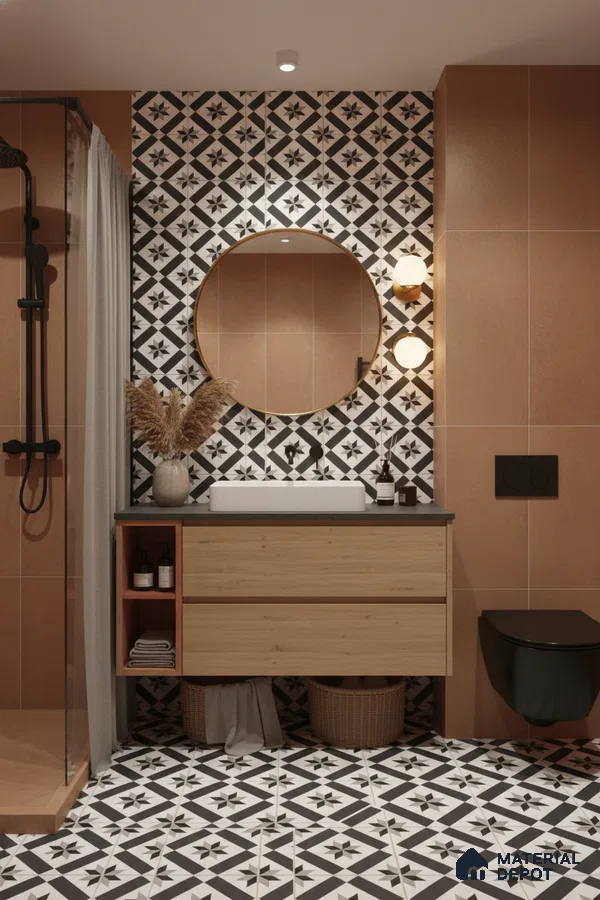 Modern bathroom with terracotta wall tiles, black-and-white geometric patterned tiles, and wood vanity in Bengaluru | Material Depot