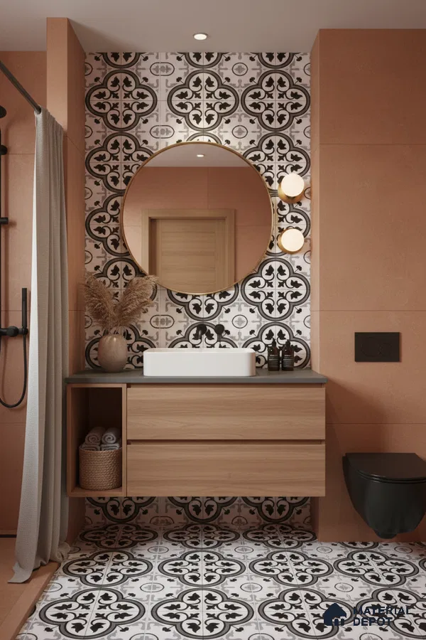 Modern bathroom with terracotta wall tiles, black-and-white moroccan patterned floor and wall tiles, and light oak vanity in Bengaluru | Material Depot