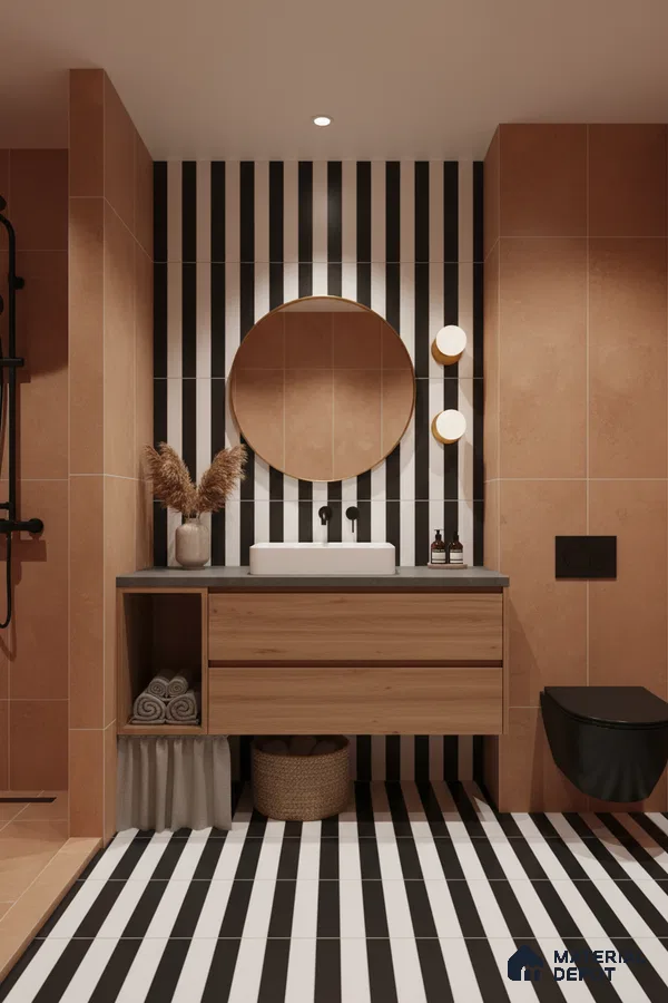 Modern bathroom with terracotta wall tiles, black-and-white striped geometric tiles, and wood vanity in Bengaluru | Material Depot
