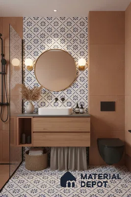 Modern bathroom with terracotta wall tiles, blue and white patterned floor and wall tiles, and wood vanity in Bengaluru | Material Depot