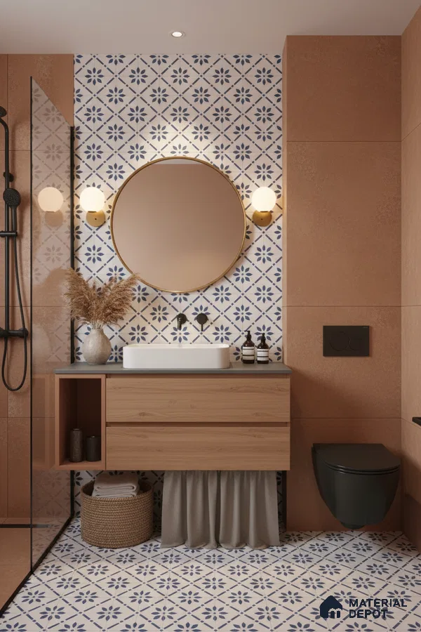 Modern bathroom with terracotta wall tiles, blue and white patterned floor and wall tiles, and wood vanity in Bengaluru | Material Depot