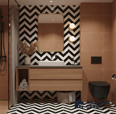 Modern bathroom with terracotta wall tiles, chevron black-and-white floor and wall tiles, and wood vanity in Bengaluru | Material Depot