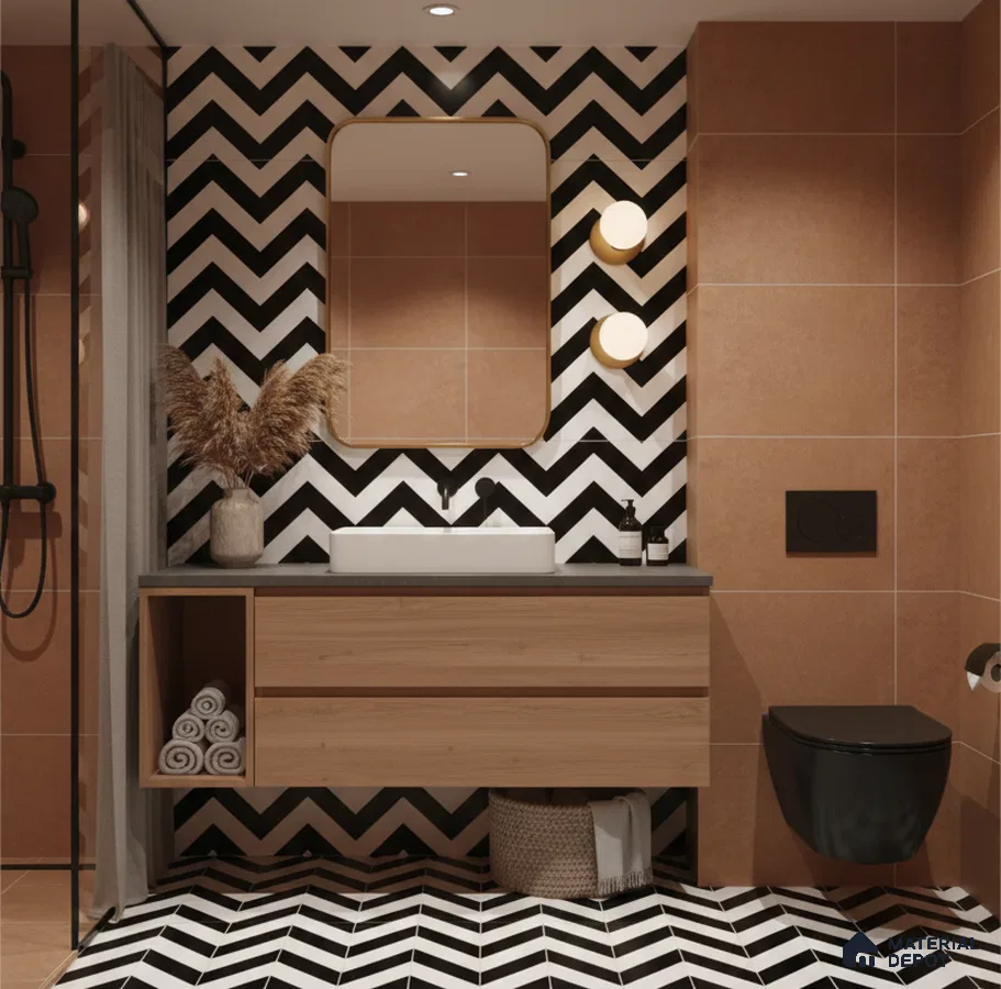 Modern bathroom with terracotta wall tiles, chevron black-and-white floor and wall tiles, and wood vanity in Bengaluru | Material Depot