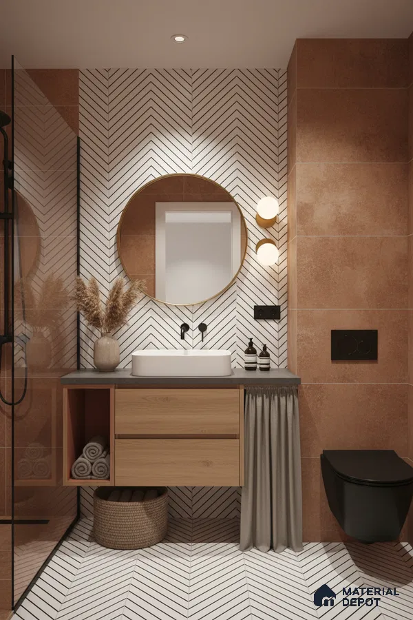 Modern bathroom with terracotta wall tiles, chevron patterned white floor and wall tiles, and light oak vanity in Bengaluru | Material Depot