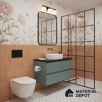 Modern bathroom with terracotta wall tiles, floral wallpaper, and herringbone white floor tiles in Bengaluru | Material Depot