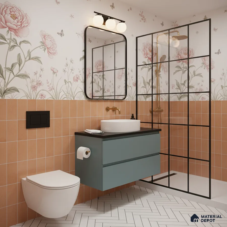 Modern bathroom with terracotta wall tiles, floral wallpaper, and herringbone white floor tiles in Bengaluru | Material Depot