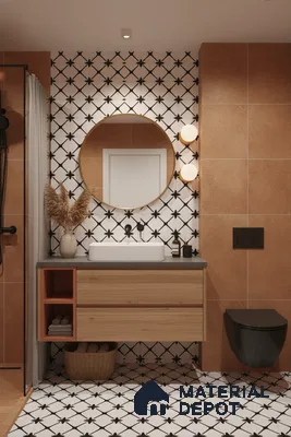 Modern bathroom with terracotta wall tiles, geometric black-and-white floor and wall tiles, and wood vanity in Bengaluru | Material Depot