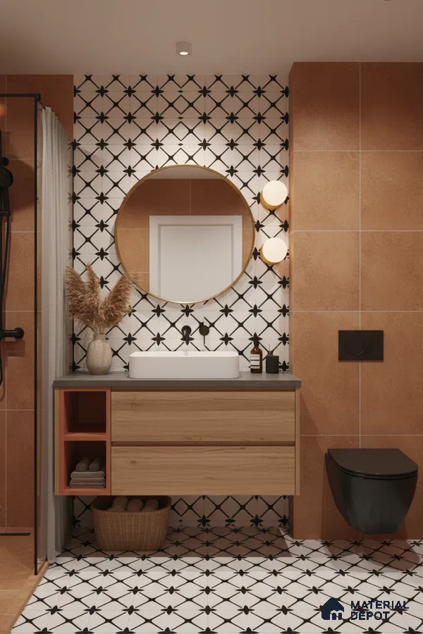 Modern bathroom with terracotta wall tiles, geometric black-and-white floor and wall tiles, and wood vanity in Bengaluru | Material Depot