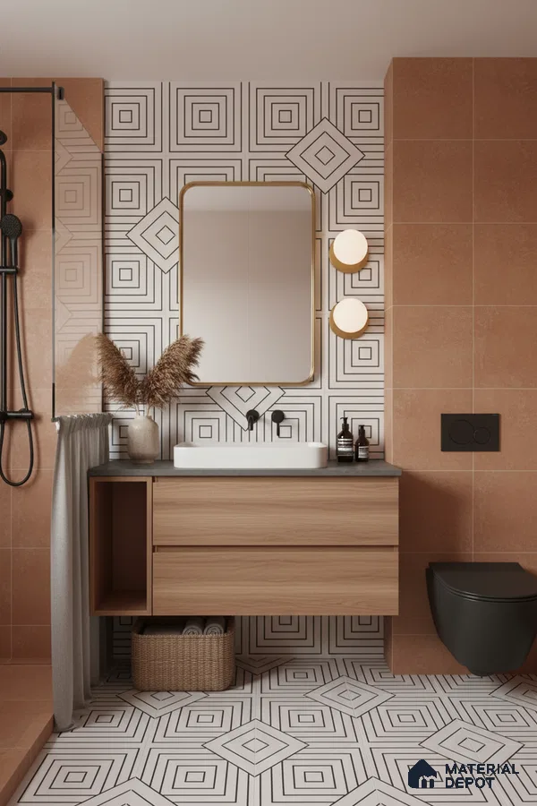 Modern bathroom with terracotta wall tiles, geometric black-and-white floor and wall tiles, and wood vanity in Bengaluru | Material Depot
